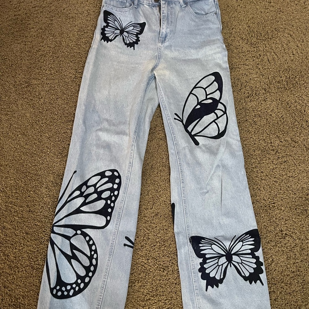 Women's Light Blue Butterfly Print Jeans